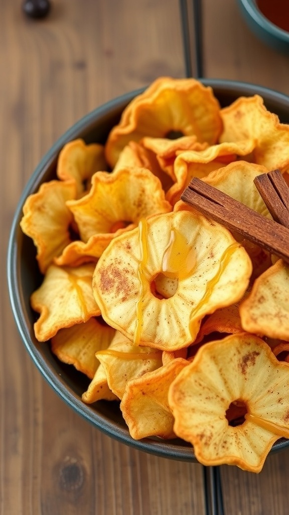 A bowl of golden-brown honey Buddha chips with a drizzle of honey and cinnamon on a wooden table.